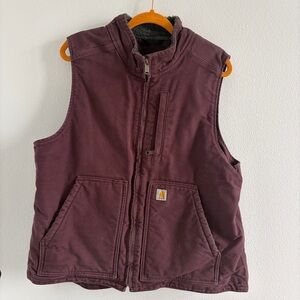 Carhartt Duck Canvas Vest Burgundy Faded Sherpa Lined Workwear Zip Up Womens XL